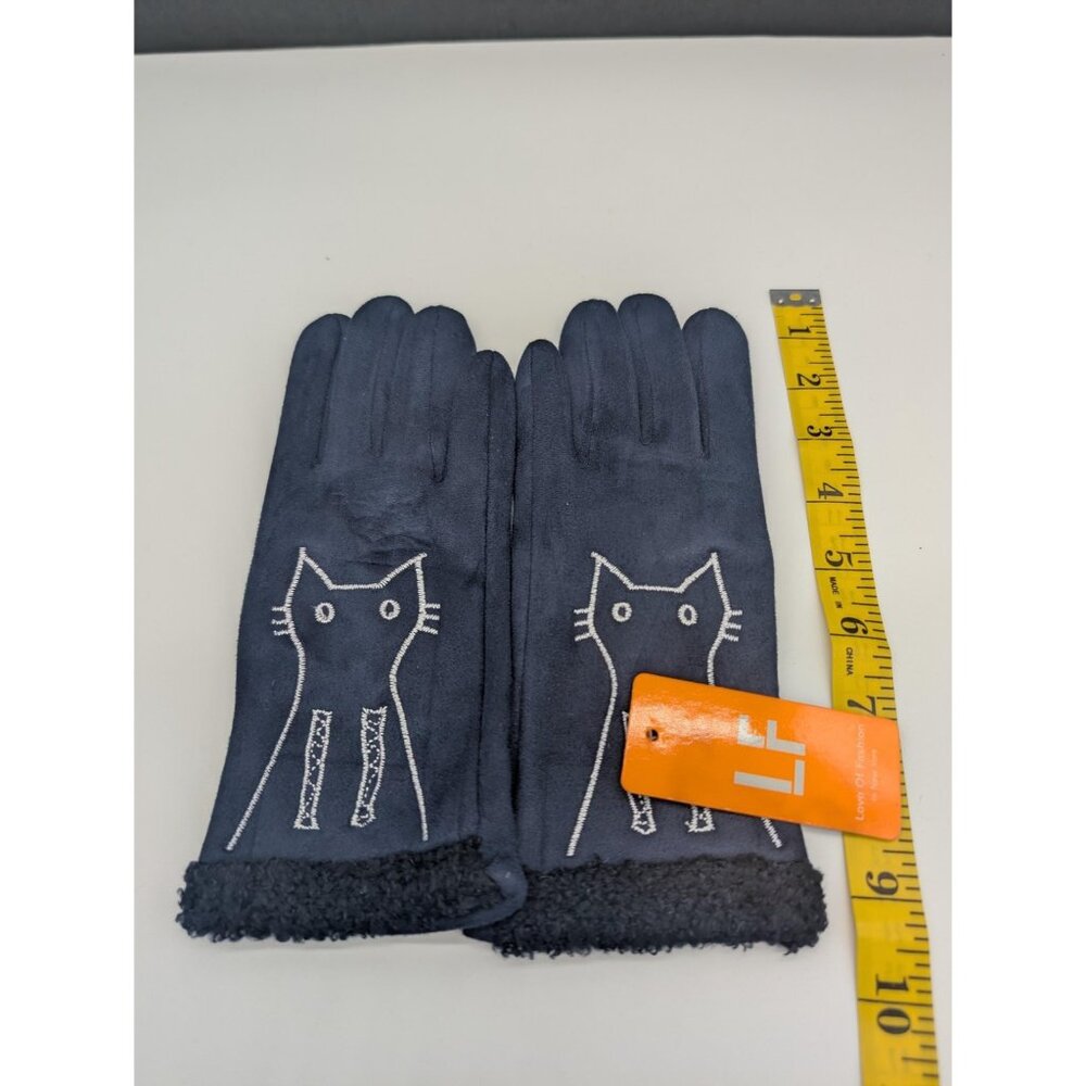 Love Of Fashion Gloves Womens OneSize Navy Cat Embroidery FleeceTop Touchscreen